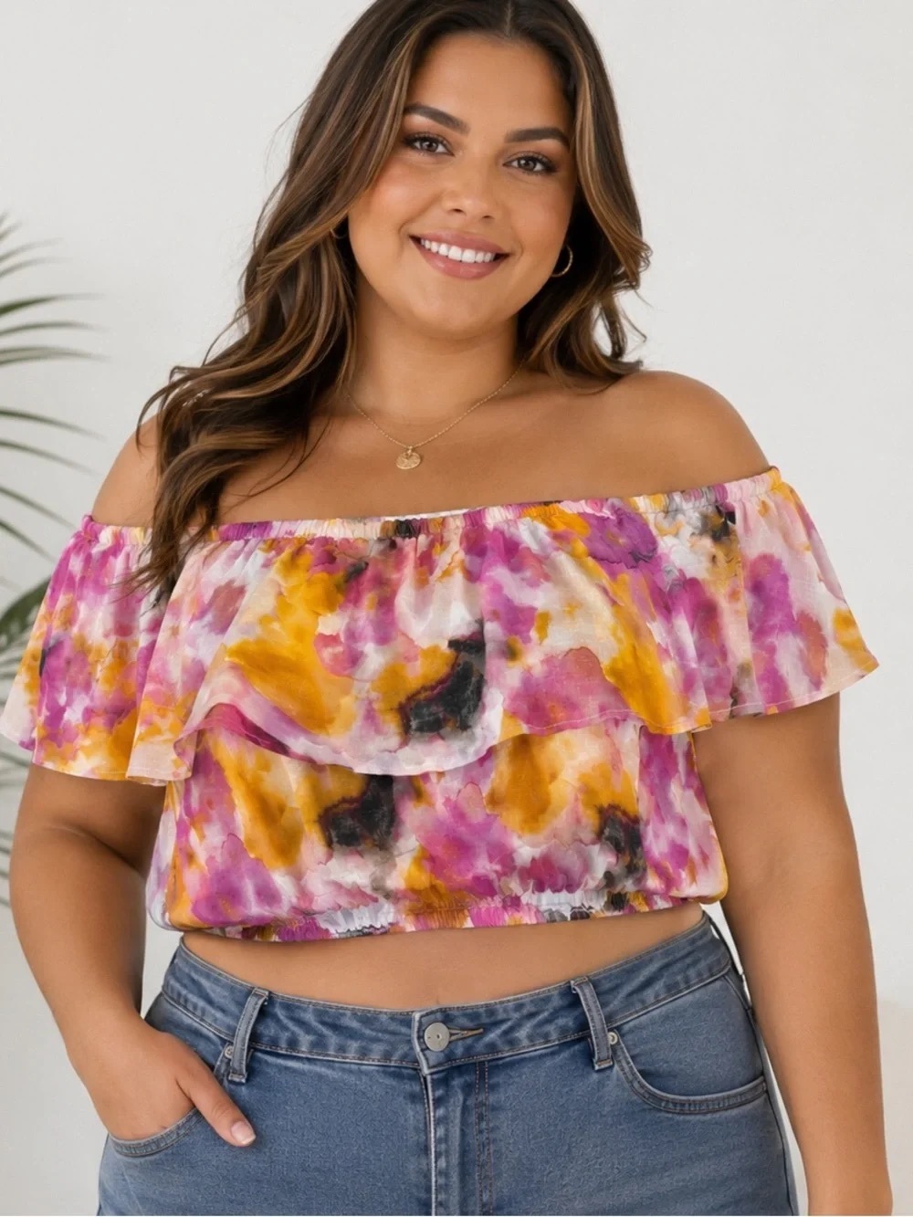 Torrid 4X Watercolor Tie Dye Off Shoulder Ruffle Crop Top Pink Orange Boho NEW